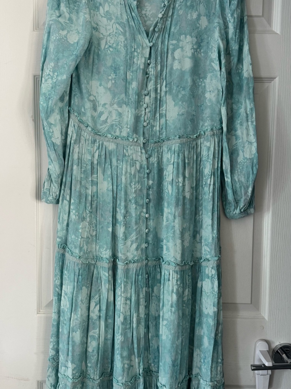 Teal Floral Long-Sleeve Tiered Button-Front Dress